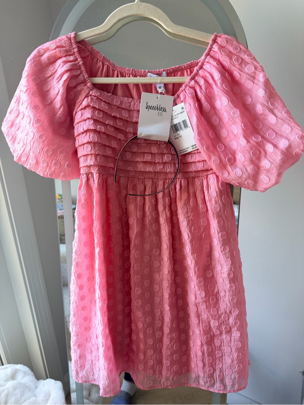 Speechless Pink Puff Sleeve Dot Textured Dress